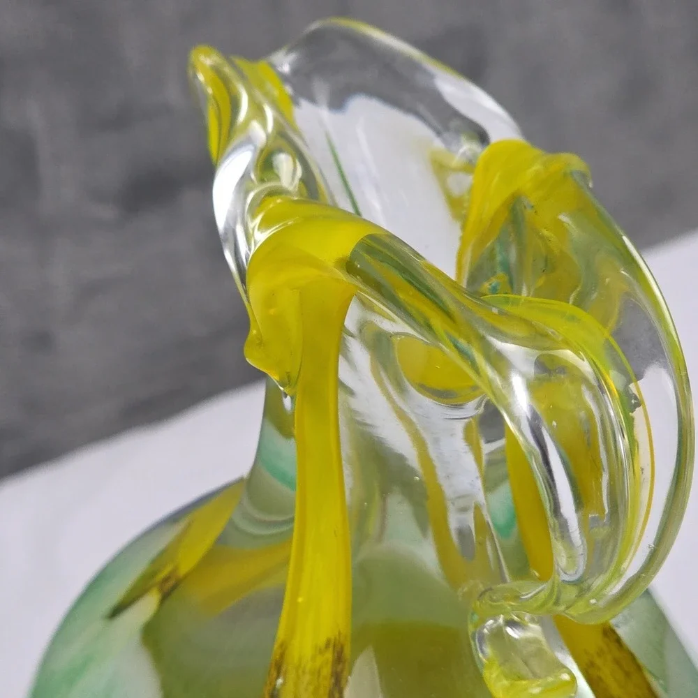 Murano Style Art Glass Vase Millefiori Yellow Green Double Handle Vase 11